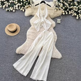 Premium Commuter Style Halter Neck Vest and Wide-Leg Pants Two-Piece Set for Women, Summer Open-Back Waist-Cinching Slimming Fashion Set