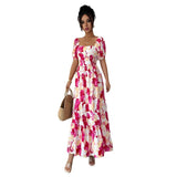 AliExpress Cross-Border Amazon New Beach Vacation Style Puff Sleeve Dress Women's European and American Floral Print High Waist