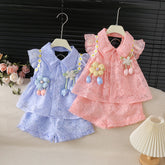 2-Piece Korean Style Single-Breasted Floral Lightweight Summer Dress Set for Girls with Delicate Flutter Sleeves