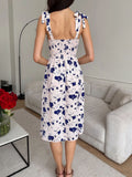 2026 European and American style women's floral print sundress with tie, low-cut V-neck, and slit, elegant and sophisticated