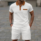 Amazon Cross-Border Summer New Men's Waffle Lapel Color-Blocked Chest Pocket Button Short-Sleeved Shorts Suit