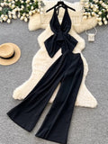 Premium Commuter Style Halter Neck Vest and Wide-Leg Pants Two-Piece Set for Women, Summer Open-Back Waist-Cinching Slimming Fashion Set
