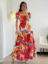 2025 European and American Retro Printed Patchwork Long Dress, Fashionable Holiday Date Elegant Square-Neck Long Dress