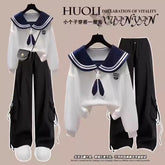 Fashion suit #contrast navy collar fake two-piece loose slim top with designer pocket casual pants