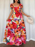 2025 European and American Retro Printed Patchwork Long Dress, Fashionable Holiday Date Elegant Square-Neck Long Dress