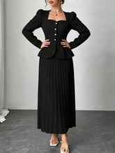 Cross-Border European and American 2026 Summer New Style Square-Neck Waist-Cinching Suit Set with Long-Sleeve Top and Pleated Long Skirt, Elegant Two-Piece Set