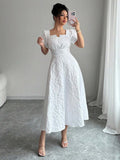 European and American Cross-Border 2026 Summer Slim-Fit Women's Elegant Jacquard Solid Color Puff Sleeve Square Neck Dress