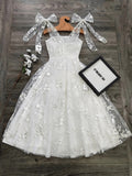 Women's New Summer Elegant and Romantic Midi Dress with Mesh Embroidery Fabric, Tie Waist, and Fitted Waist