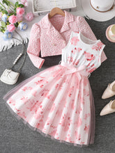 Cross-Border Girls Two-Piece Sky Blue Floral Jacket Rose Print Mesh Dress Princess Style