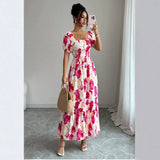 AliExpress Cross-Border Amazon New Beach Vacation Style Puff Sleeve Dress Women's European and American Floral Print High Waist