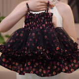 New summer style for girls: purple floral princess dress, fashionable black tulle floral sleeveless halter dress with puffy hat.