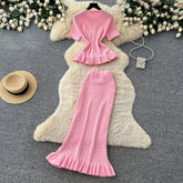 Korean-Style Knitted Ruffled Slim-Fit Two-Piece Set for Women, Summer Slim-Fit, Mature and Elegant Style, Workwear Outfit
