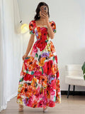 2025 European and American Retro Printed Patchwork Long Dress, Fashionable Holiday Date Elegant Square-Neck Long Dress