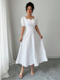 European and American Cross-Border 2026 Summer Slim-Fit Women's Elegant Jacquard Solid Color Puff Sleeve Square Neck Dress