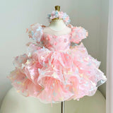 New Luxurious Niche One-Year-Old Girl's Dress with Solid Color Butterfly Accessories, Puff Sleeves, Comfortable and Cute Party Dress