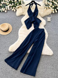 Premium Commuter Style Halter Neck Vest and Wide-Leg Pants Two-Piece Set for Women, Summer Open-Back Waist-Cinching Slimming Fashion Set