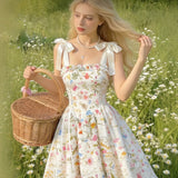 Sweet Floral Suspender Dress with Tie Straps, Waist-Cinching and Slimming Effect, Bow Shoulder Straps, Princess Dress, Elegant Retro Pastoral Style offer