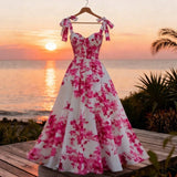 Popular pink floral print sundress from European and American cross-border e-commerce platforms. Slimming, flattering, and stylish A-line dress perfect for a vacation.