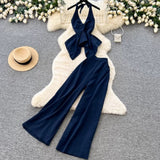 Premium Commuter Style Halter Neck Vest and Wide-Leg Pants Two-Piece Set for Women, Summer Open-Back Waist-Cinching Slimming Fashion Set