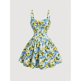 Women's New Summer Style French Romantic and Elegant Printed Lace-Up Waist-Cinching A-Line Suspender Mini Dress