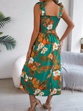 2025 European and American Floral Lace-Up Waist-Cinching Backless Slip Dress for Women, Retro Artistic Style, Long Dress for Vacation and Beach