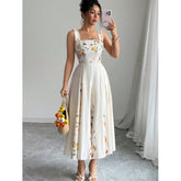 Amazon European and American Cross-Border New French-Style Waist-Cinching Elegant Floral Print Square-Neck Sleeveless Dress