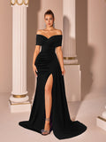 New One-Shoulder Satin Solid Color Evening Dress Slim-Fitting Slit Fishtail Dinner Party Host Accessible Luxury Dress