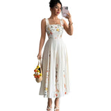 Amazon European and American Cross-Border New French-Style Waist-Cinching Elegant Floral Print Square-Neck Sleeveless Dress