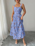European and American New Style French Dress, Cross-Border Summer Spaghetti Strap Waist-Cinching Women's Casual Travel Floral A-Line Long Dress