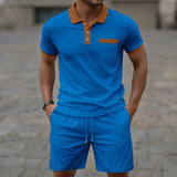 Amazon Cross-Border Summer New Men's Waffle Lapel Color-Blocked Chest Pocket Button Short-Sleeved Shorts Suit