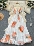 French Vacation Wear Dress for Women, Summer Design, Thoughtful Slit, Waist-Cinching, Elegant Suspender Printed Long Skirt