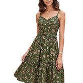 Cross-Border Amazon Spring and Summer New Green Floral V-Neck Strap Dress Retro Waist-Cinching Vacation Style Dress