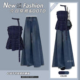Summer retro contrast color hot girl plaid tube top vest women's clothing with high waist drape jeans two-piece set