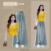 Korean style ootd wear women's summer casual fashion style tops popular slim jeans two-piece suit