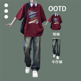 Summer casual daily short-sleeved youth T-shirt sunny handsome wear jeans fashion suit boys set
