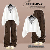 Fashion suit #Hooded fake two-piece short sweatshirt with pleated layered all-match American retro overalls