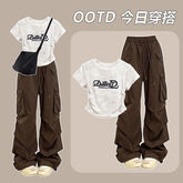 Fashion suit # waist chic tie-dyed short-sleeved T-shirt slim fit top paired with versatile American retro overalls