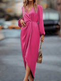 Cross-Border Amazon Women's New Slit Dress Spring and Summer Lantern Sleeve Asymmetrical Long-Sleeved Satin Dress