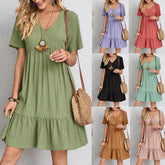 Women V Neck Short Sleeve Pleated Loose Dress Summer Fashion Solid Baggy Solid Party Dresses FYY-894