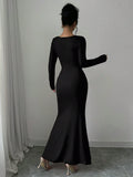 Women's Four Seasons New Style Women's Elegant Temperament Retro Solid Color Square Collar Long Sleeve Dress