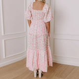 Women Floral Print Smocked Square Neck Short Puff Sleeve Summer Fashion Casual Backless Loose Fit Flowy A-line Long Dress