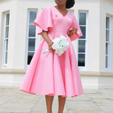 Elegant Dresses for Women V Neck Flare Sleeve High Waisted Pleated A Line Mid Calf Luxury Birthday Party Dinner Vestidos Mujer