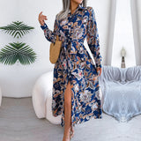 Ficusrong Women Spring Summer Retro Floral Collar Long Sleeve Tie Up Shirt Dress For Ladies Fashion All Match Print Dresses