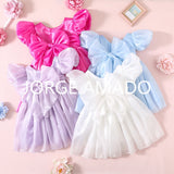 Baby Girl Summer Dress Short Puff Sleeves Large Bow Solid Round Neck Backless Princess Dresses Twins Daughter Clothing H0404