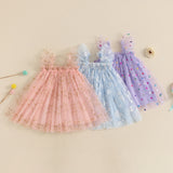 MISOWMNJOY Summer Chiffon Baby Girl Tulle Dresses Princess Glitter Flower Print Fly Sleeve Square Neck Kids Sundress Clothes