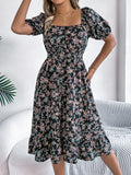 Summer Women's Beach Dress Floral 3D Print Square Neck Short-Sleeved Ladies Waist Ruffled A-Line Dress For Women Holiday Dresses