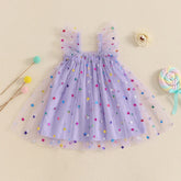 MISOWMNJOY Summer Chiffon Baby Girl Tulle Dresses Princess Glitter Flower Print Fly Sleeve Square Neck Kids Sundress Clothes