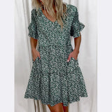 Women Summer Dress Casual V Neck Short Sleeve Butterfly Sleeve Floral Leaf Letter Print Mini Dresses Vestidos YSX9032