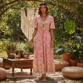Happie Queens Women Floral Print Tie Neck Beach Bohemian Maxi Dresses Ladies Rayon Cotton Boho Pleated Dress Vestidos