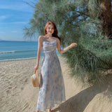 Sexy Backless Floral Stretch Suspender Dress Women's 2022 Waist Thin Section Sun Chiffon Elegant Women's Long Dresses for Party